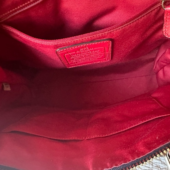 COACH Mickie Satchel in blue denim jacquard with red trim. - Picture 6 of 12